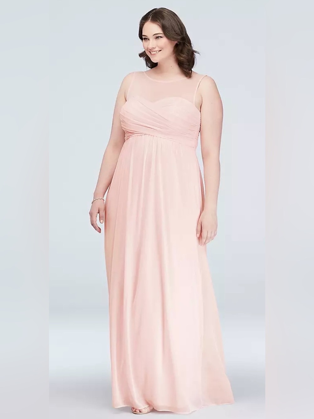 David’s Bridal - Long Mesh Dress with Illusion Sweetheart Neckline - Coral Reef